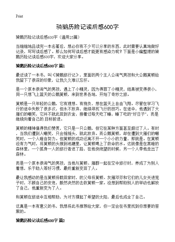 骑鹅历险记读后感600字25篇