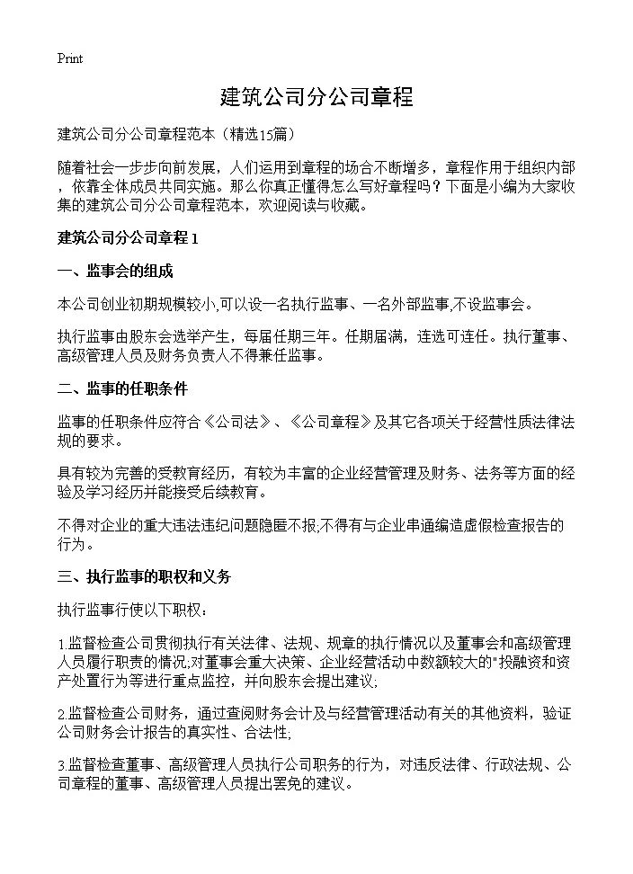 建筑公司分公司章程15篇