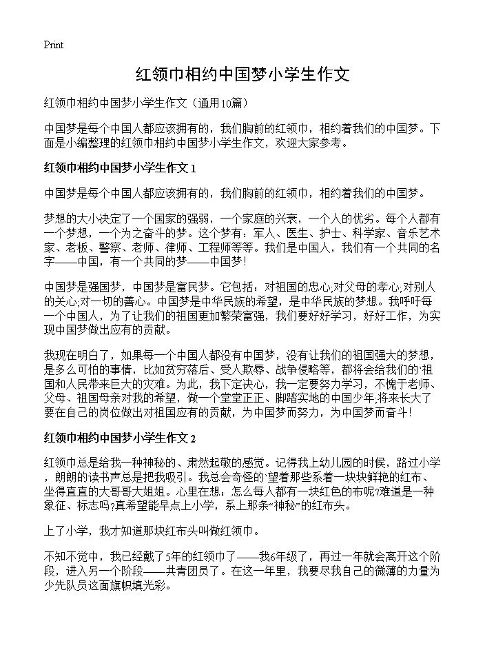 红领巾相约中国梦小学生作文10篇