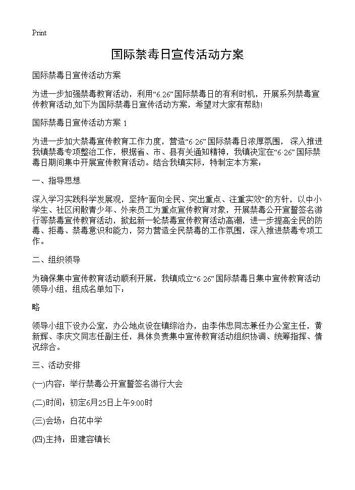 国际禁毒日宣传活动方案