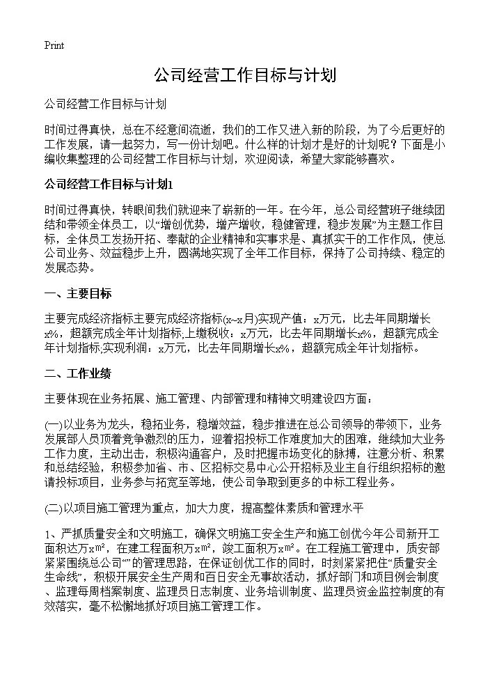 公司经营工作目标与计划