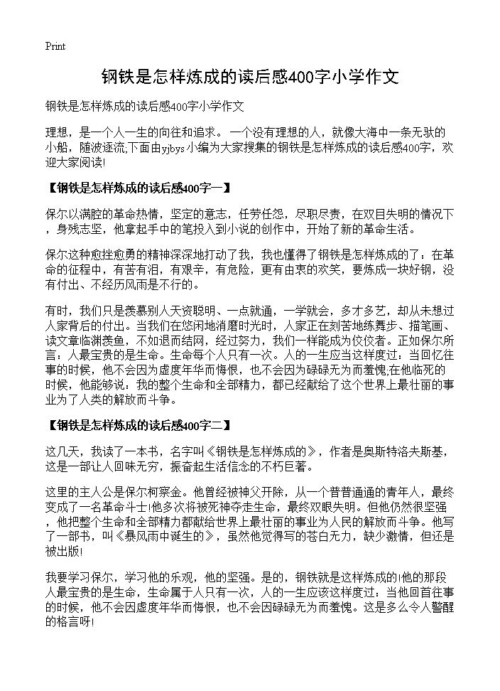 钢铁是怎样炼成的读后感400字小学作文