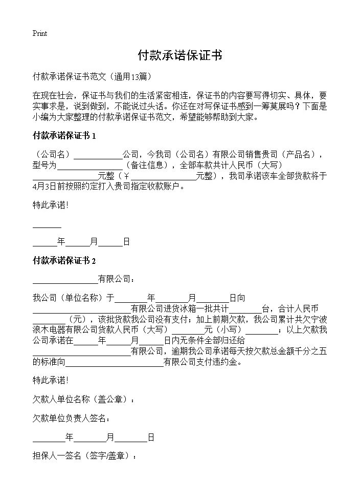 付款承诺保证书13篇