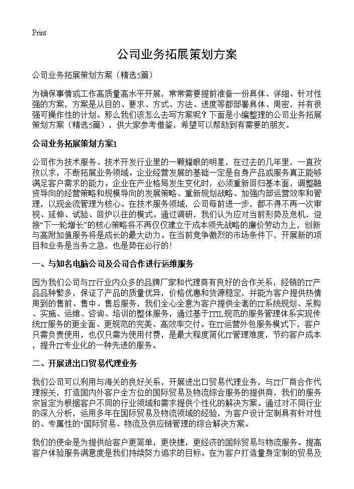 公司业务拓展策划方案5篇