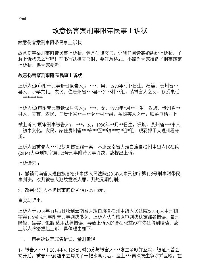 故意伤害案刑事附带民事上诉状