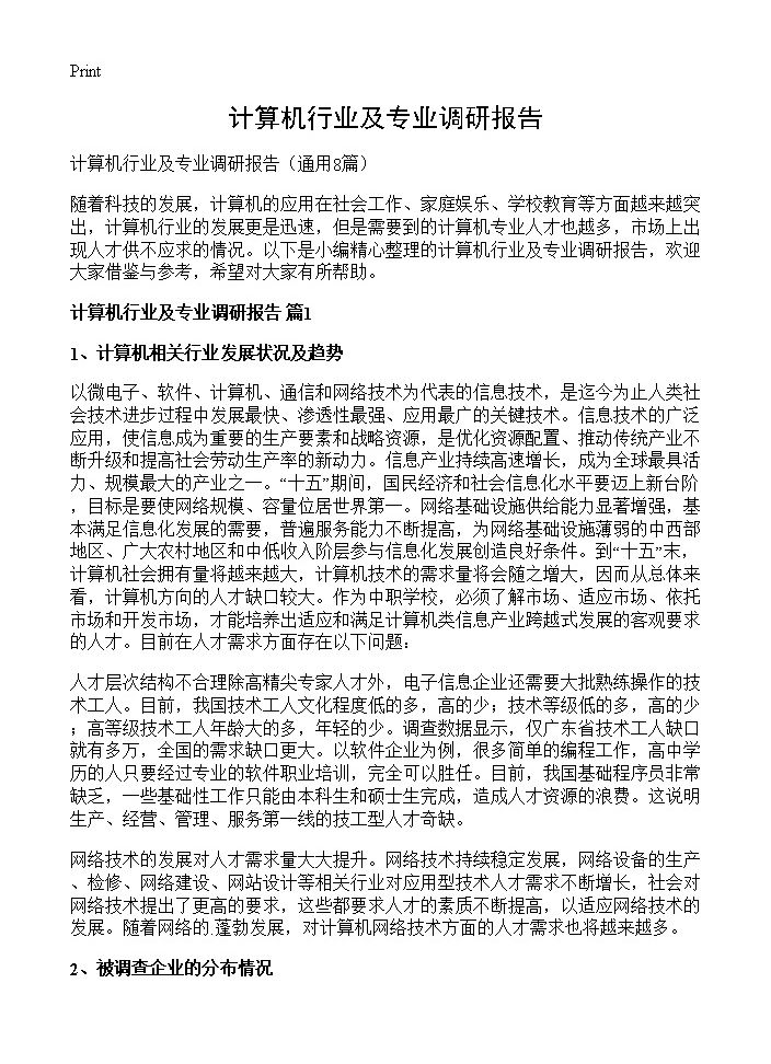 计算机行业及专业调研报告8篇