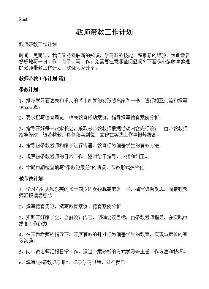 教师带教工作计划