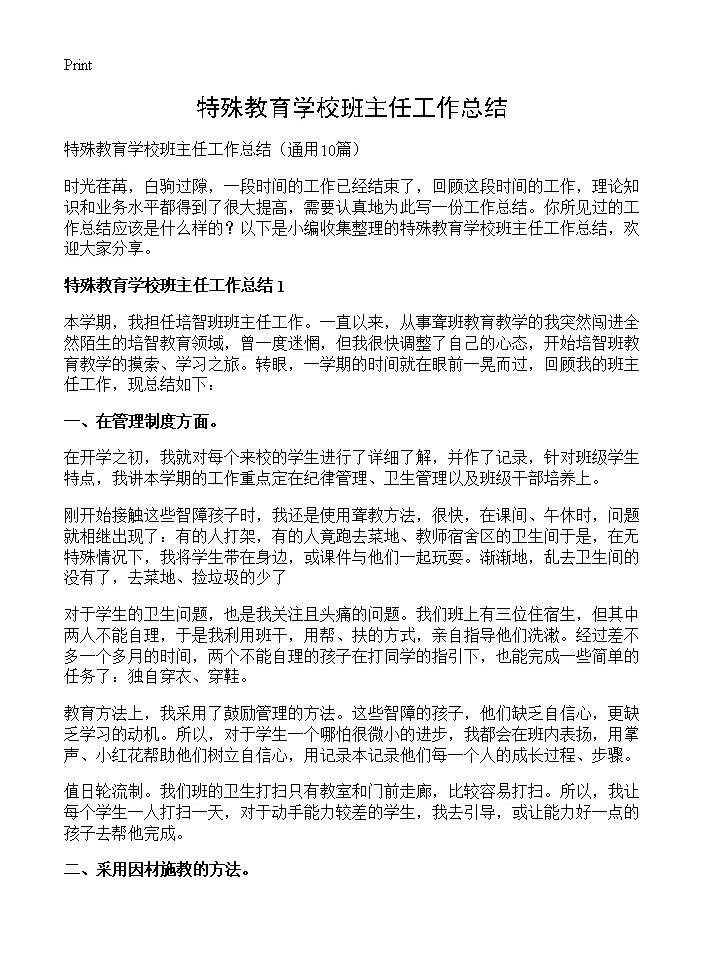 特殊教育学校班主任工作总结10篇