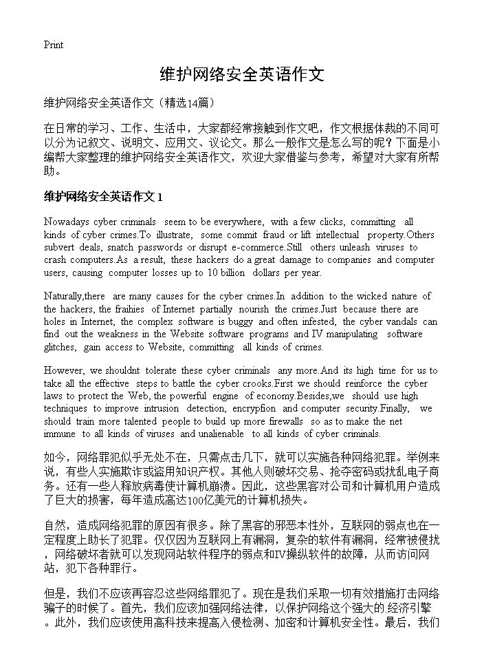 维护网络安全英语作文14篇