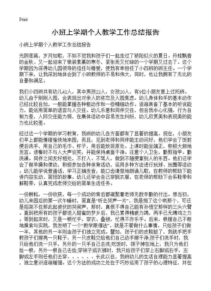 小班上学期个人教学工作总结报告