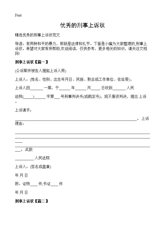 优秀的刑事上诉状