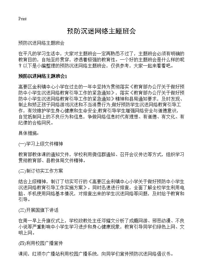 预防沉迷网络主题班会