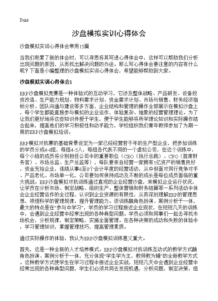 沙盘模拟实训心得体会