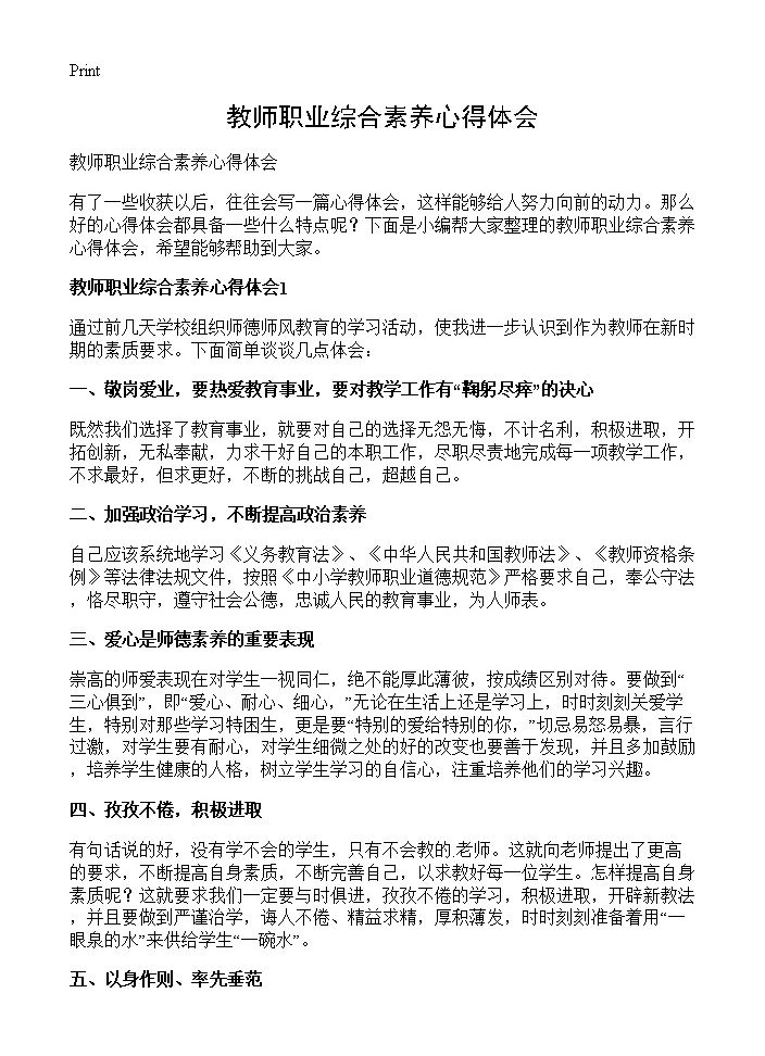 教师职业综合素养心得体会