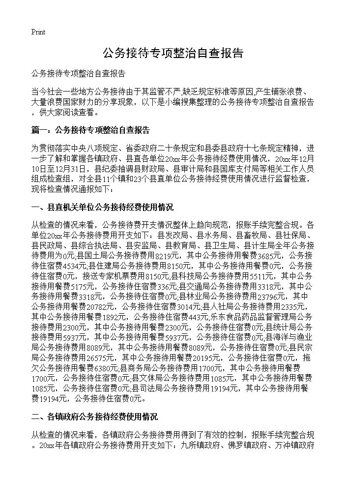 公务接待专项整治自查报告