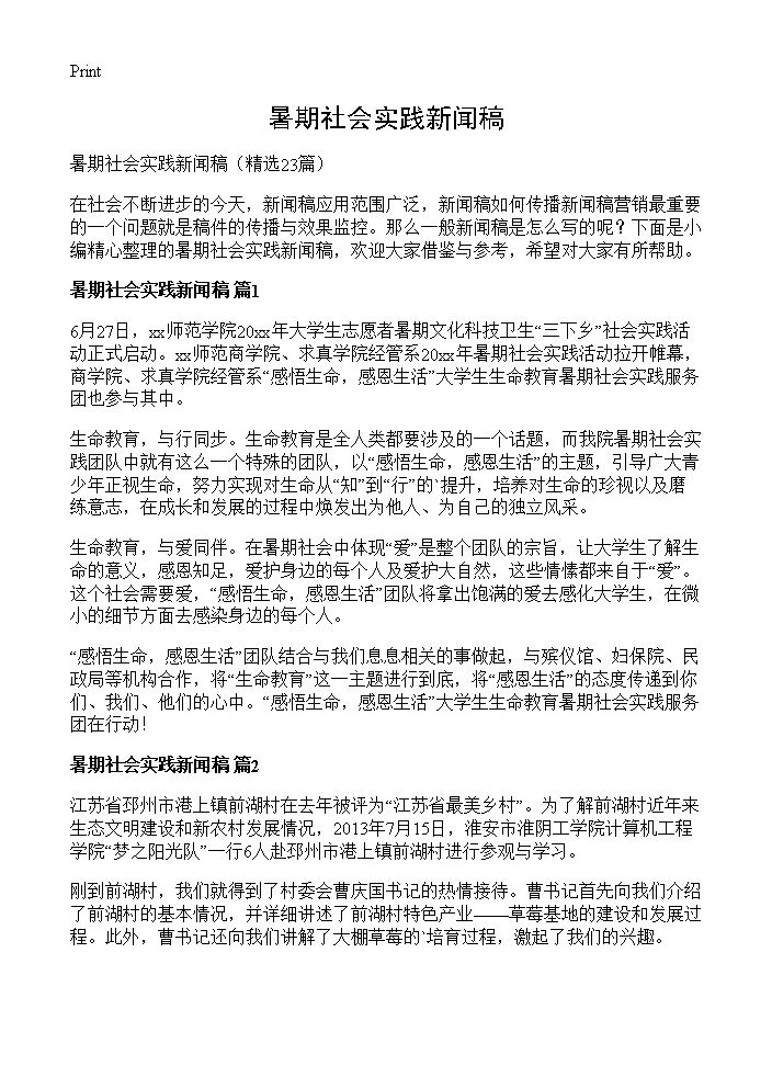 暑期社会实践新闻稿23篇