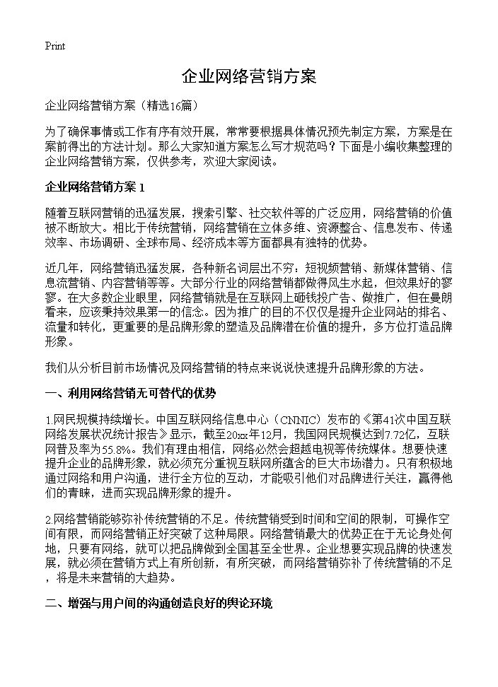 企业网络营销方案16篇