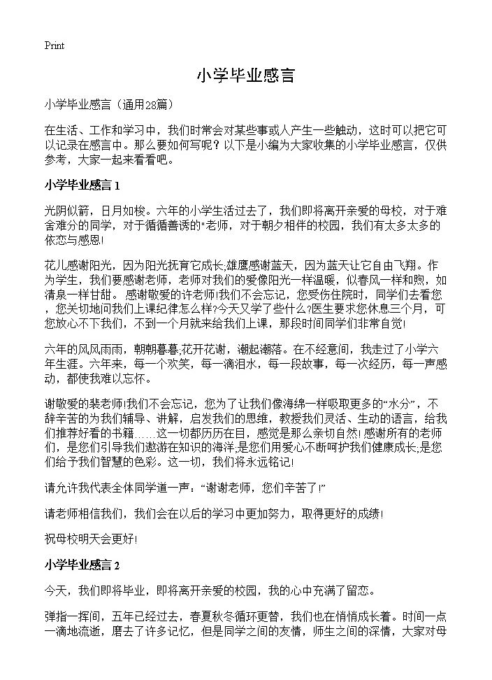 小学毕业感言28篇