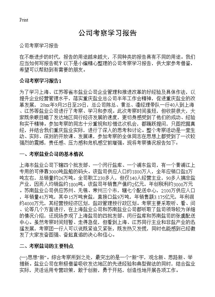 公司考察学习报告