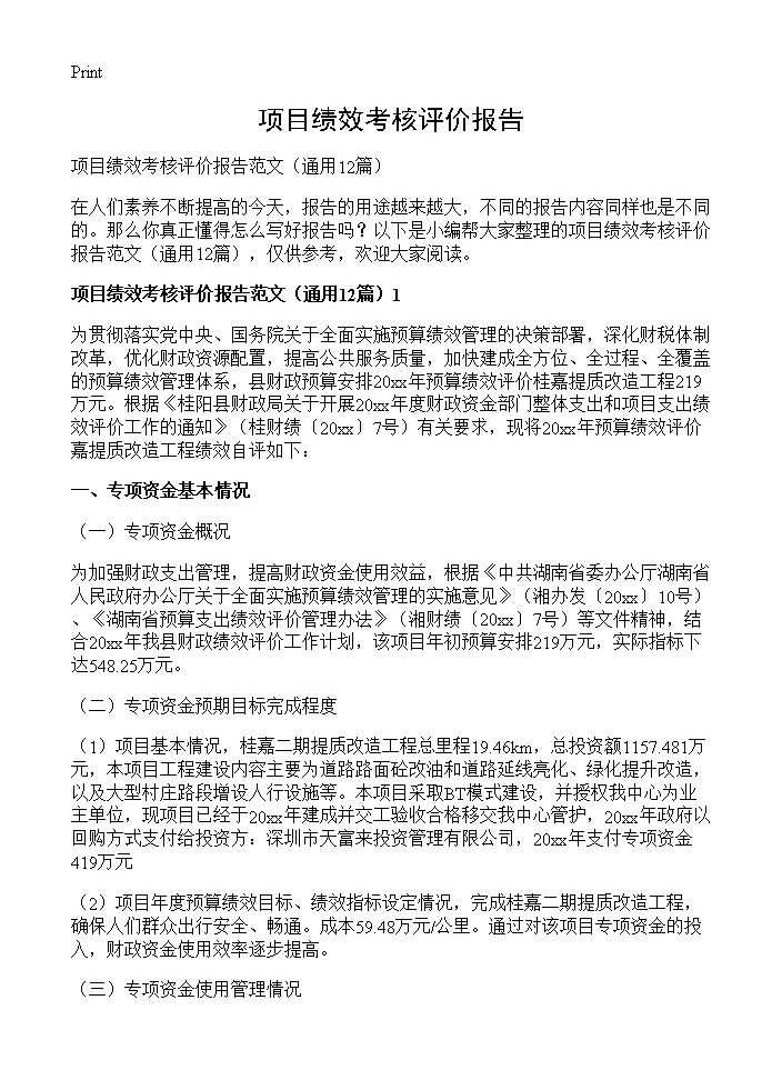 项目绩效考核评价报告12篇