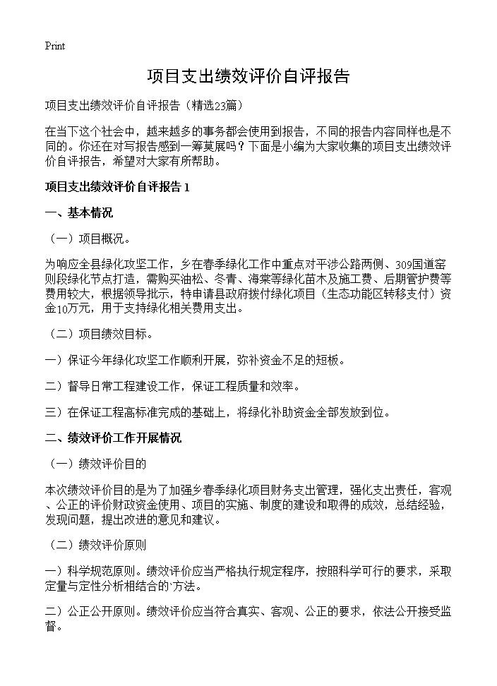 项目支出绩效评价自评报告23篇