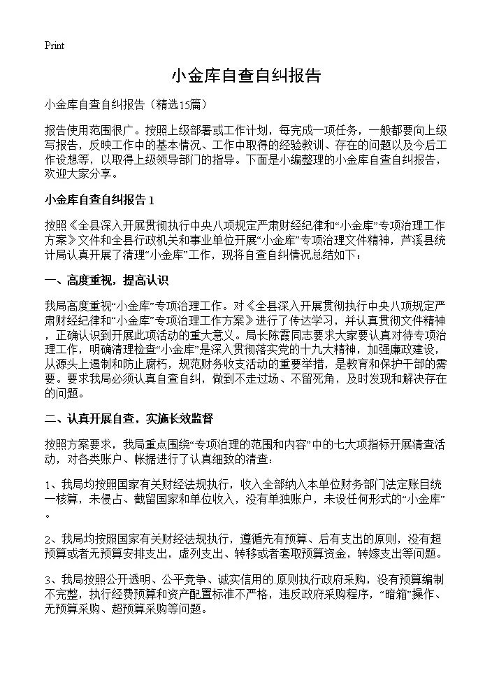 小金库自查自纠报告15篇