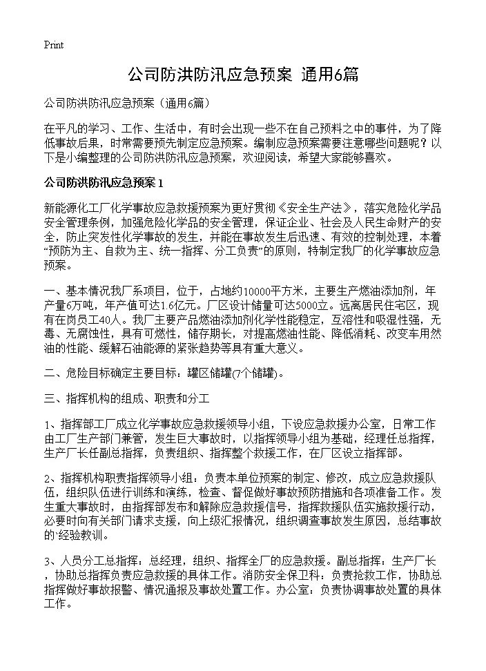 公司防洪防汛应急预案6篇