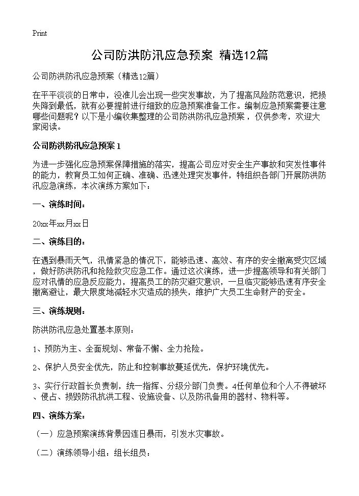 公司防洪防汛应急预案12篇