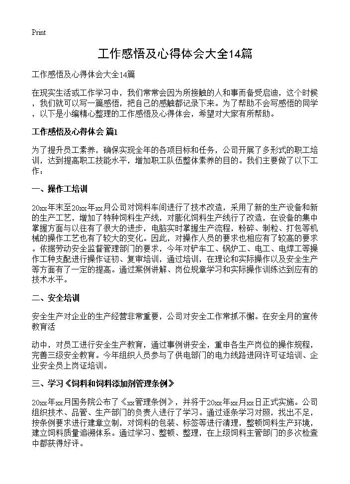 工作感悟及心得体会大全14篇