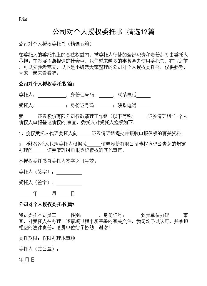 公司对个人授权委托书12篇