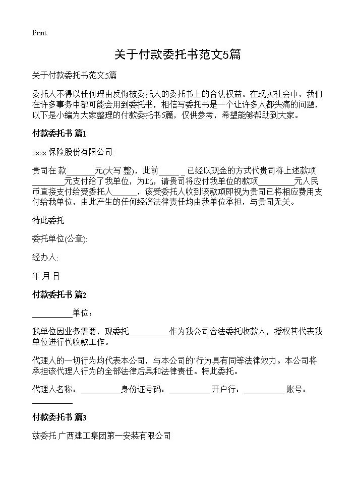 关于付款委托书范文5篇