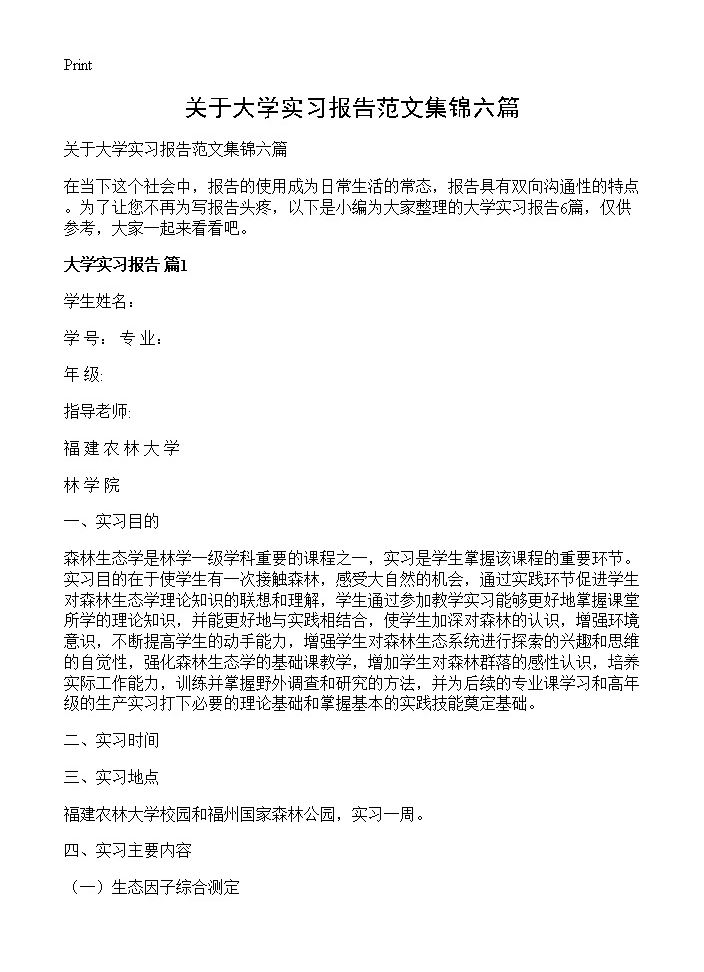 关于大学实习报告范文集锦六篇