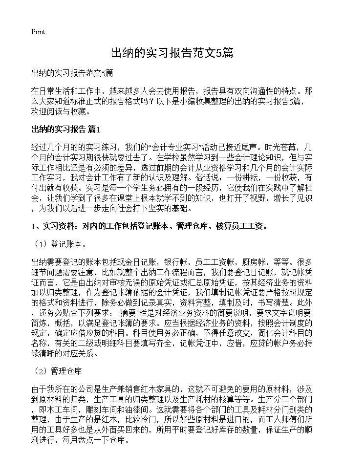 出纳的实习报告范文5篇