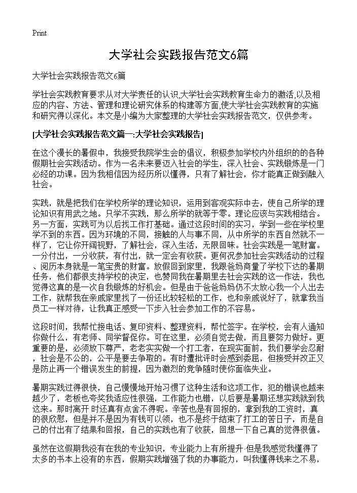 大学社会实践报告范文6篇