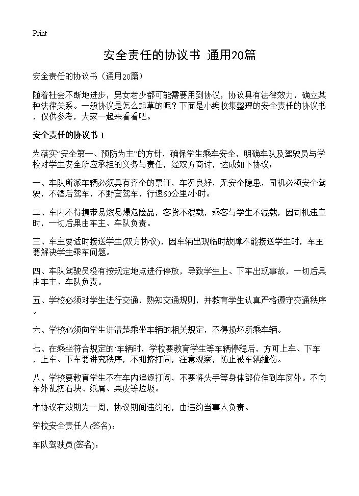 安全责任的协议书20篇