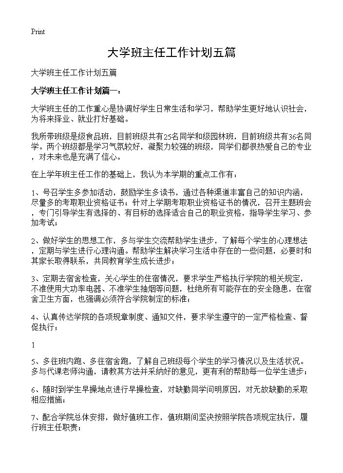 大学班主任工作计划五篇