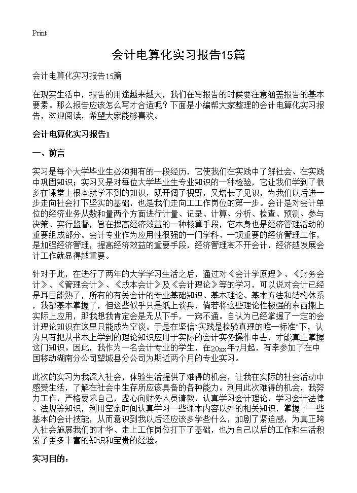 会计电算化实习报告15篇