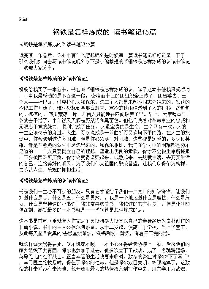 《钢铁是怎样炼成的》读书笔记15篇