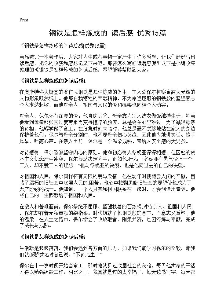 《钢铁是怎样炼成的》读后感15篇