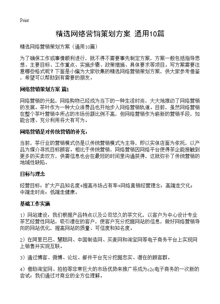 精选网络营销策划方案10篇