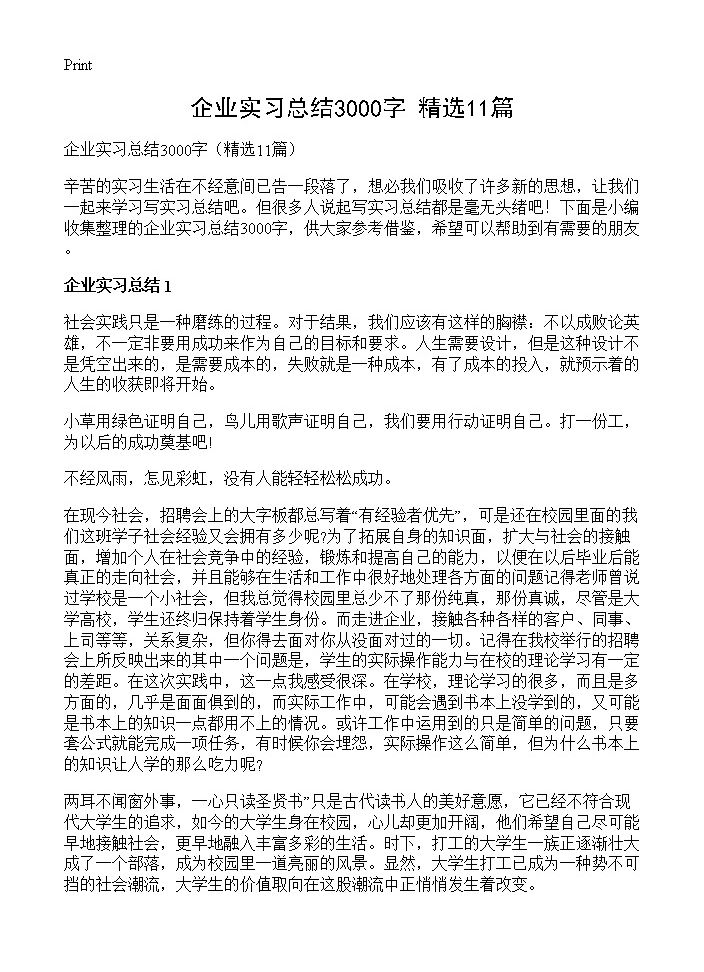 企业实习总结3000字11篇