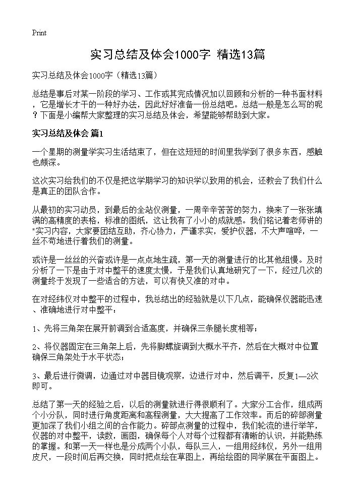 实习总结及体会1000字13篇