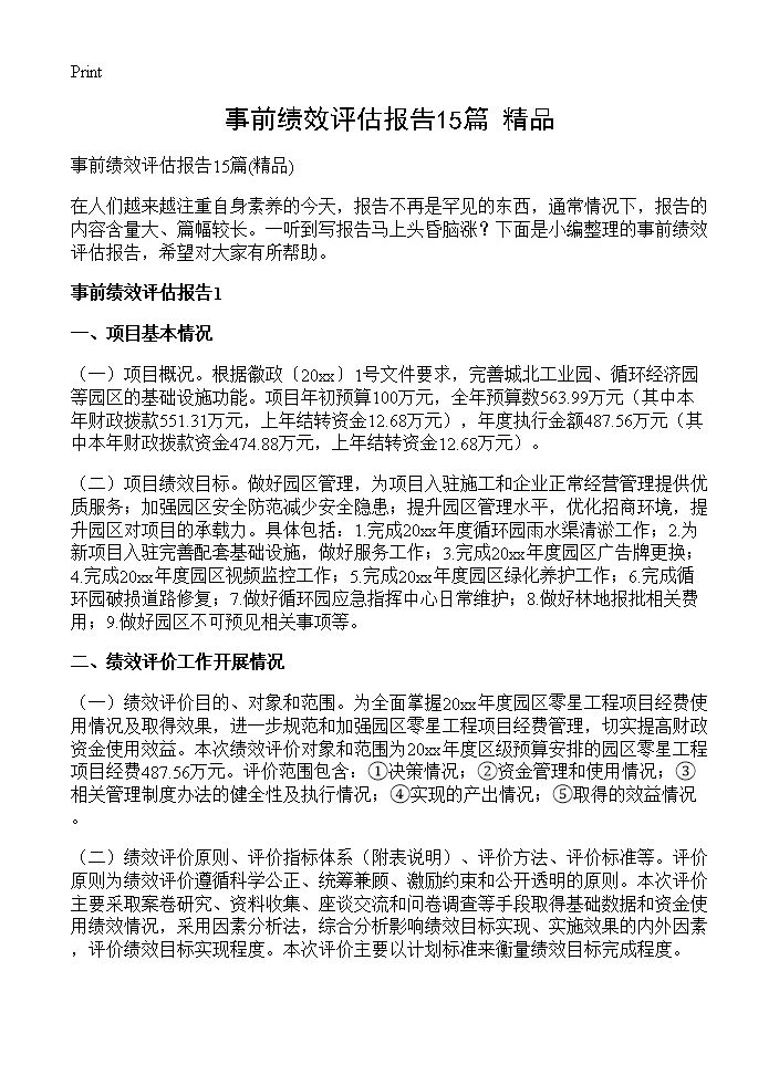 事前绩效评估报告15篇