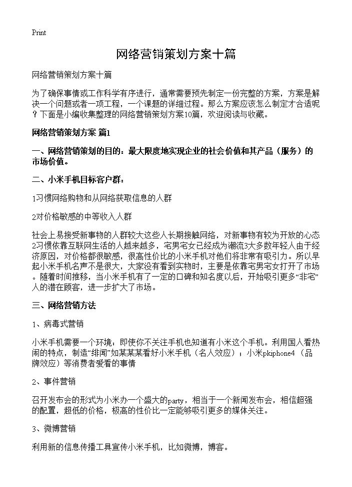 网络营销策划方案十篇