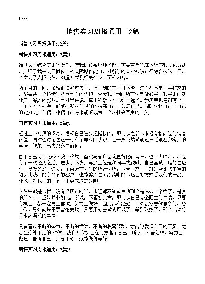 销售实习周报通用12篇