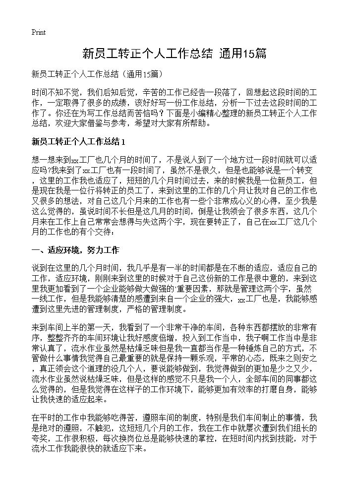 新员工转正个人工作总结15篇