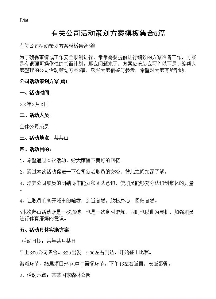 有关公司活动策划方案模板集合5篇