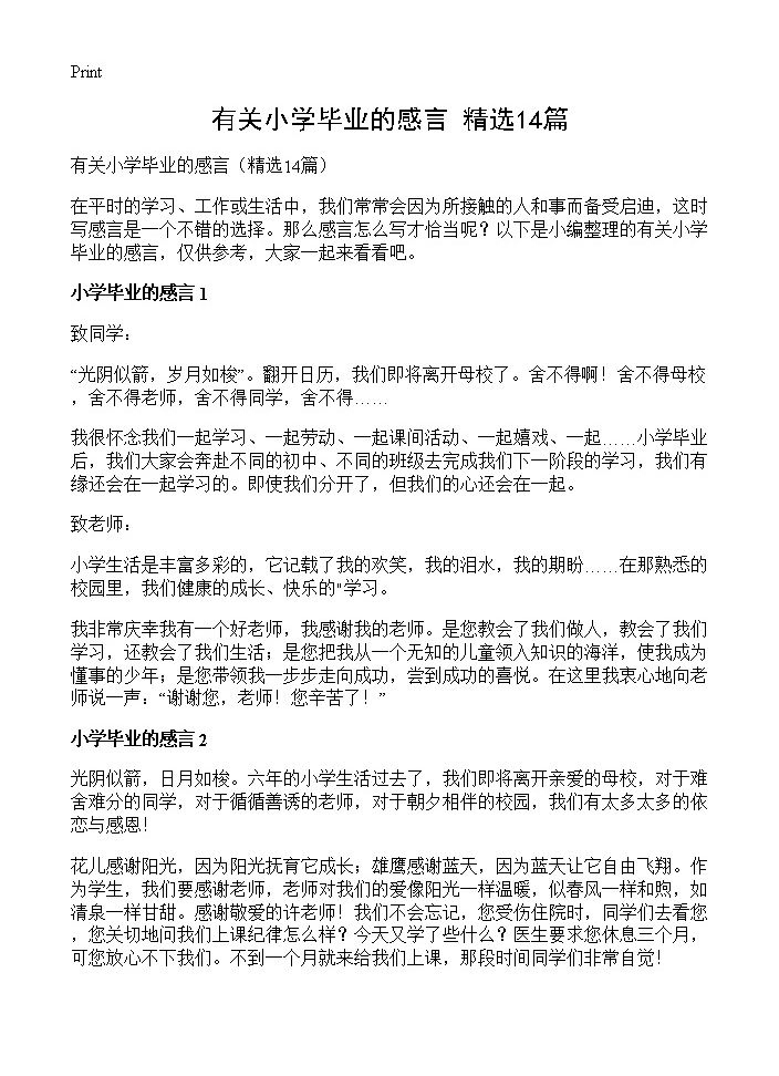 有关小学毕业的感言14篇