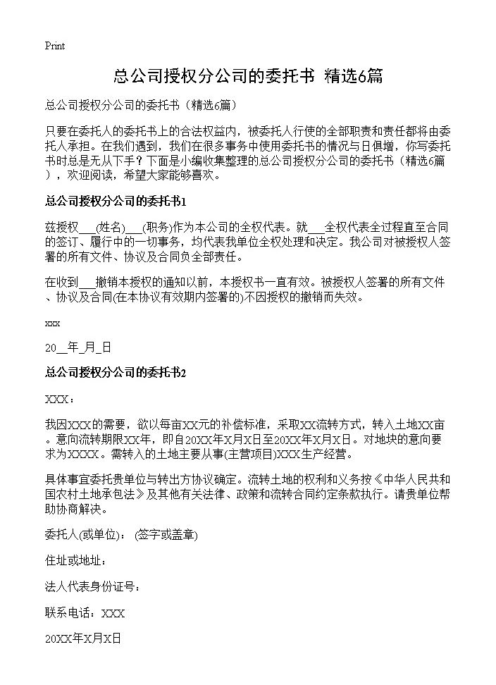 总公司授权分公司的委托书6篇