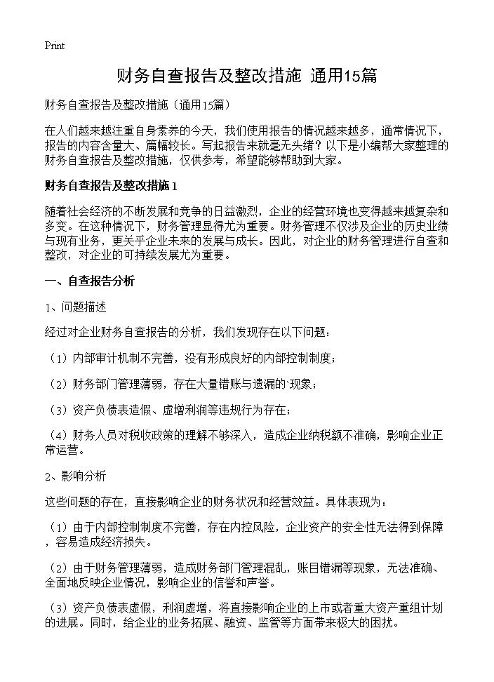 财务自查报告及整改措施15篇